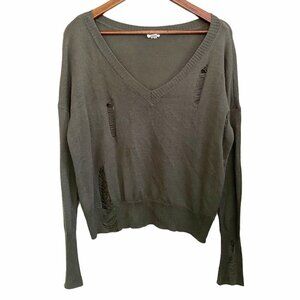 Garage Women's Army Green Distressed Vneck Long Sleeve Sweater Size Small